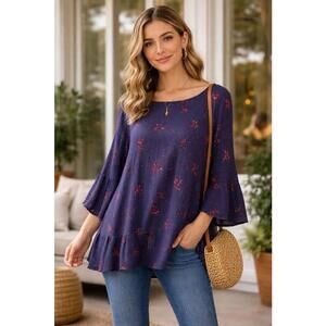 ANA XL Navy Rayon Blouse Red Print Bell Sleeve Ruffle Hem Boho